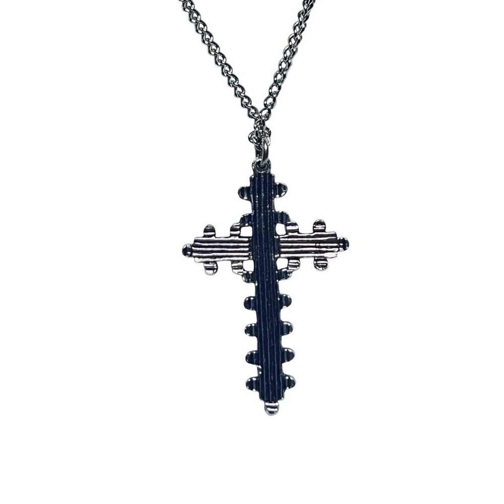 Silver Tone Curb Chain Necklace With Faux Turquoise Cross Pendant (5683) - Picture 3 of 8